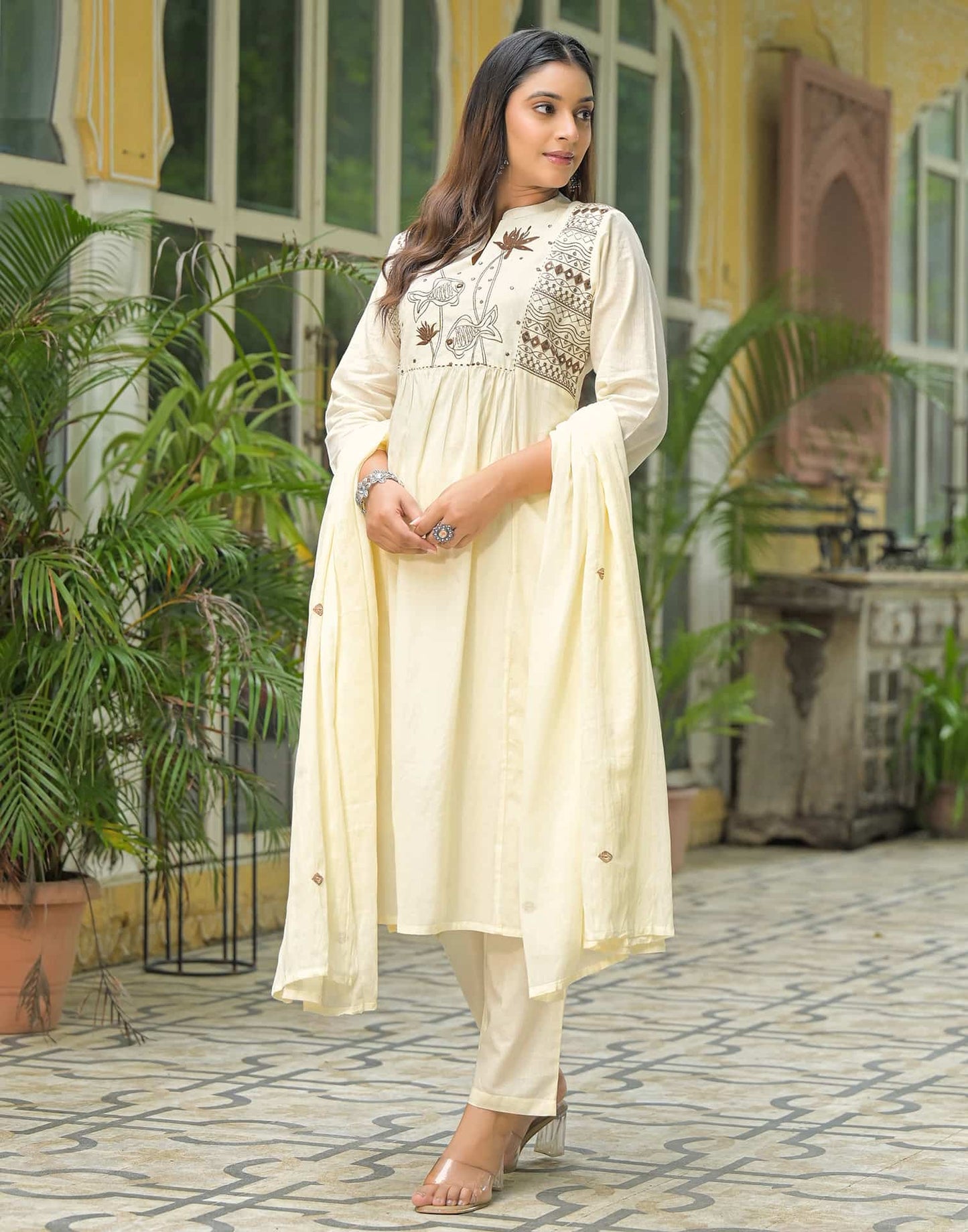 Cotton A-line Embroidery Mandarin Collar Kurta with Pant & Dupatta