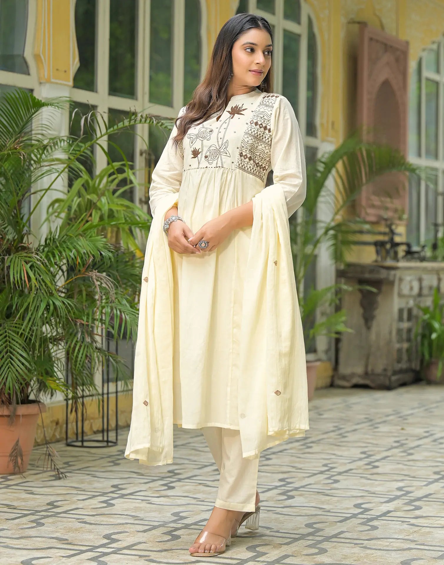 Cotton Embroidered A-Line 3 Piece Kurta Set