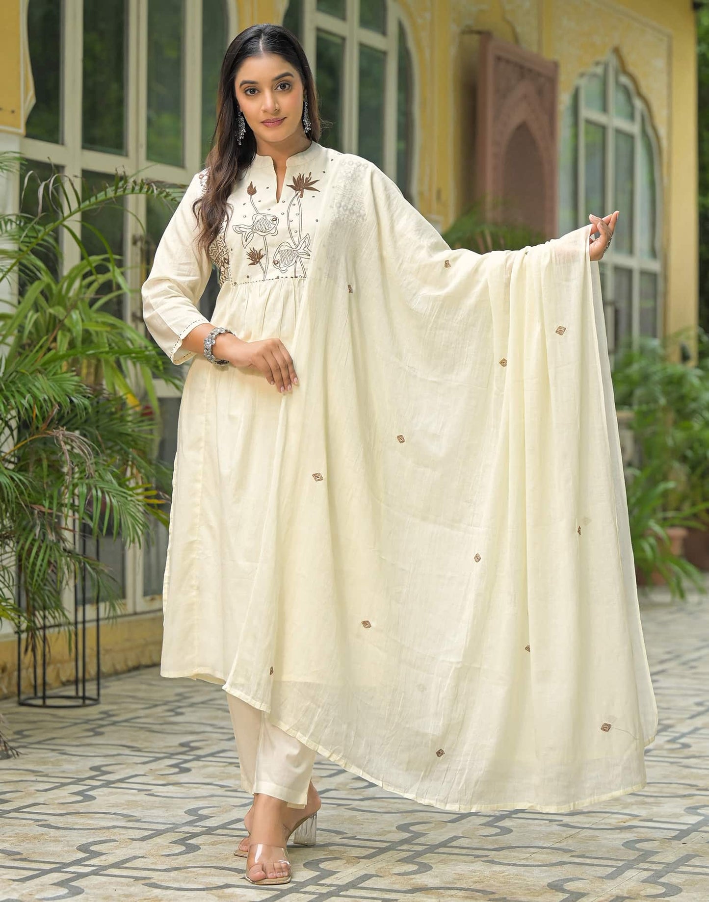 Cotton A-line Embroidery Mandarin Collar Kurta with Pant & Dupatta