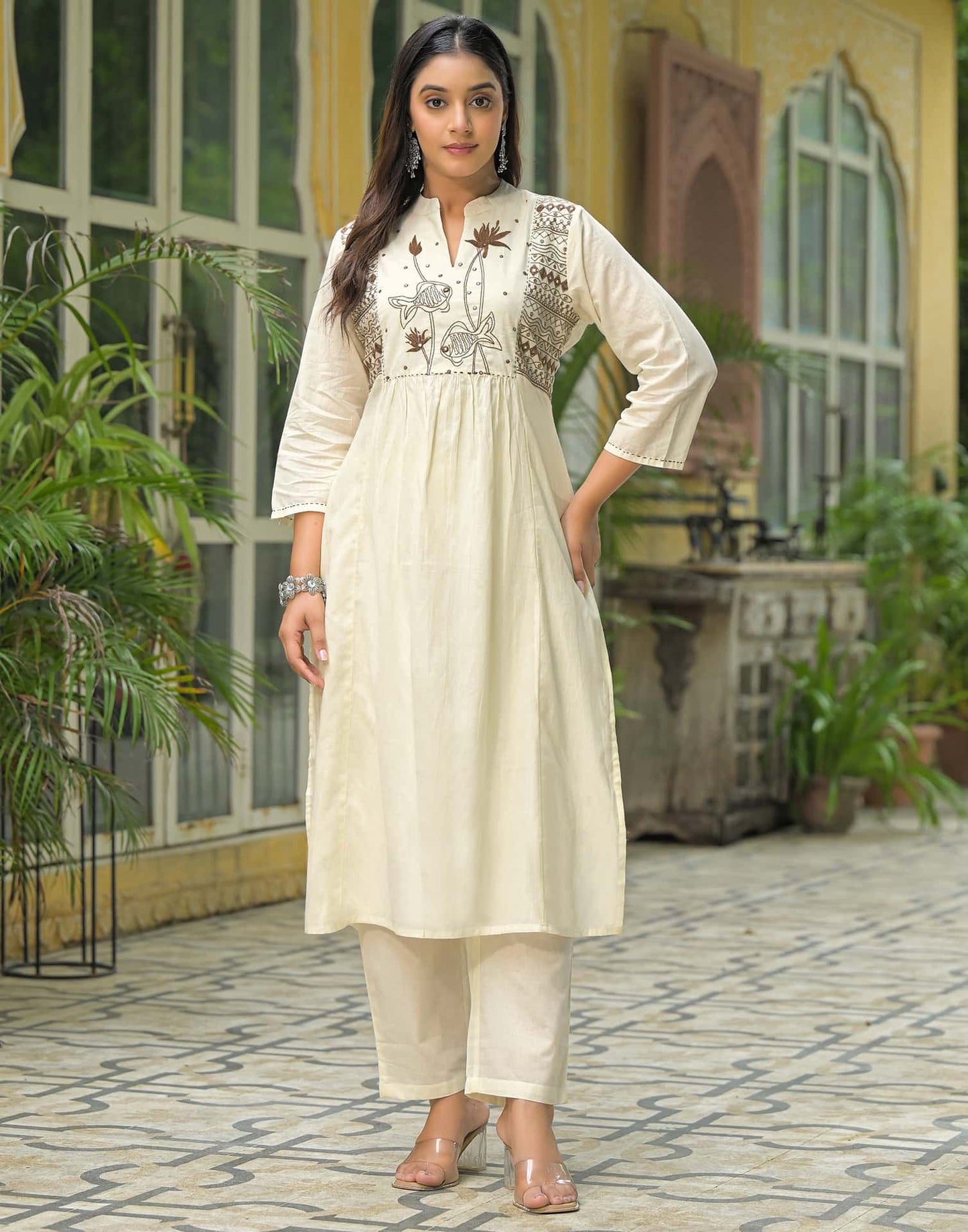 Cotton A-line Embroidery Mandarin Collar Kurta with Pant & Dupatta