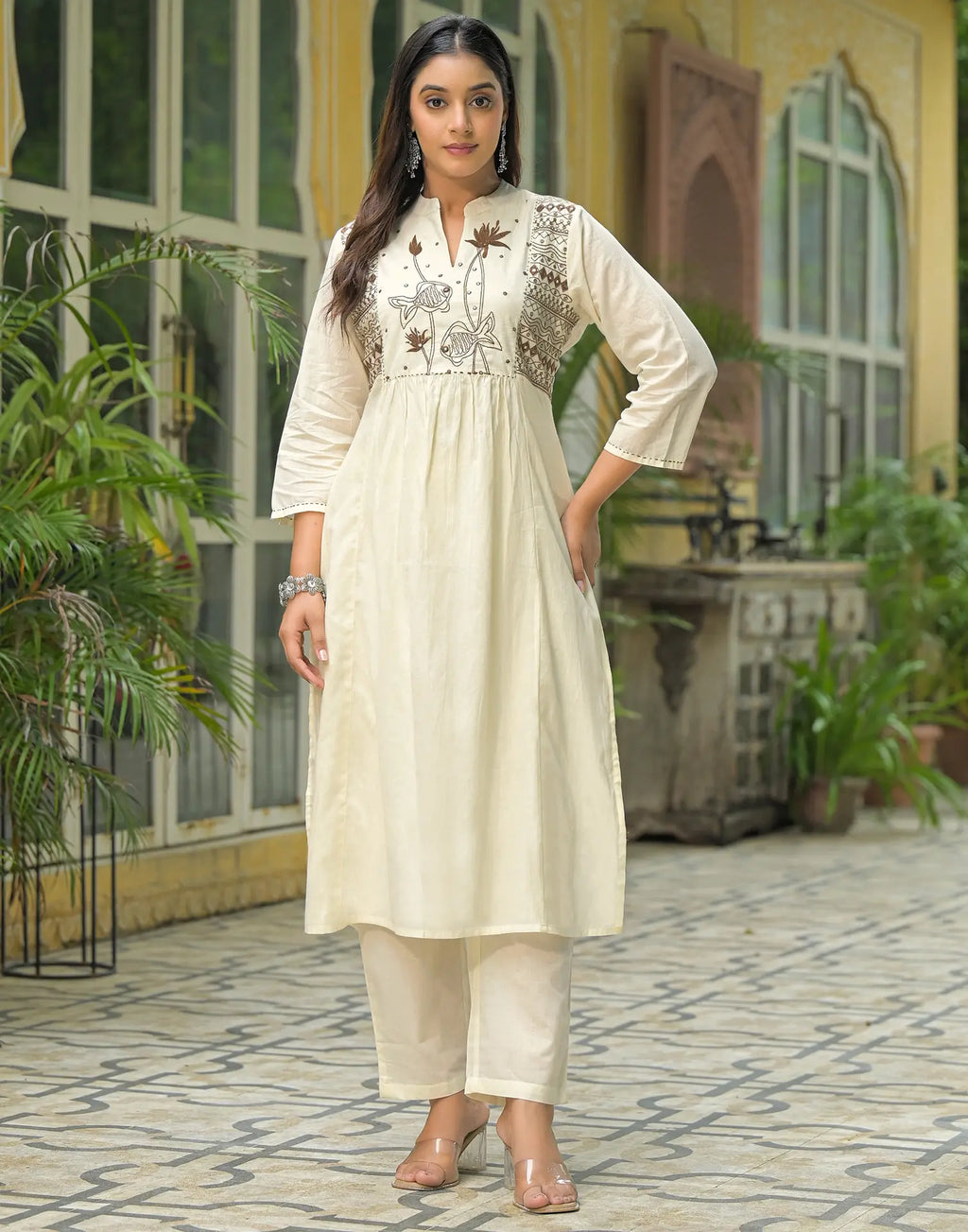 Cotton Embroidered A-Line 3 Piece Kurta Set