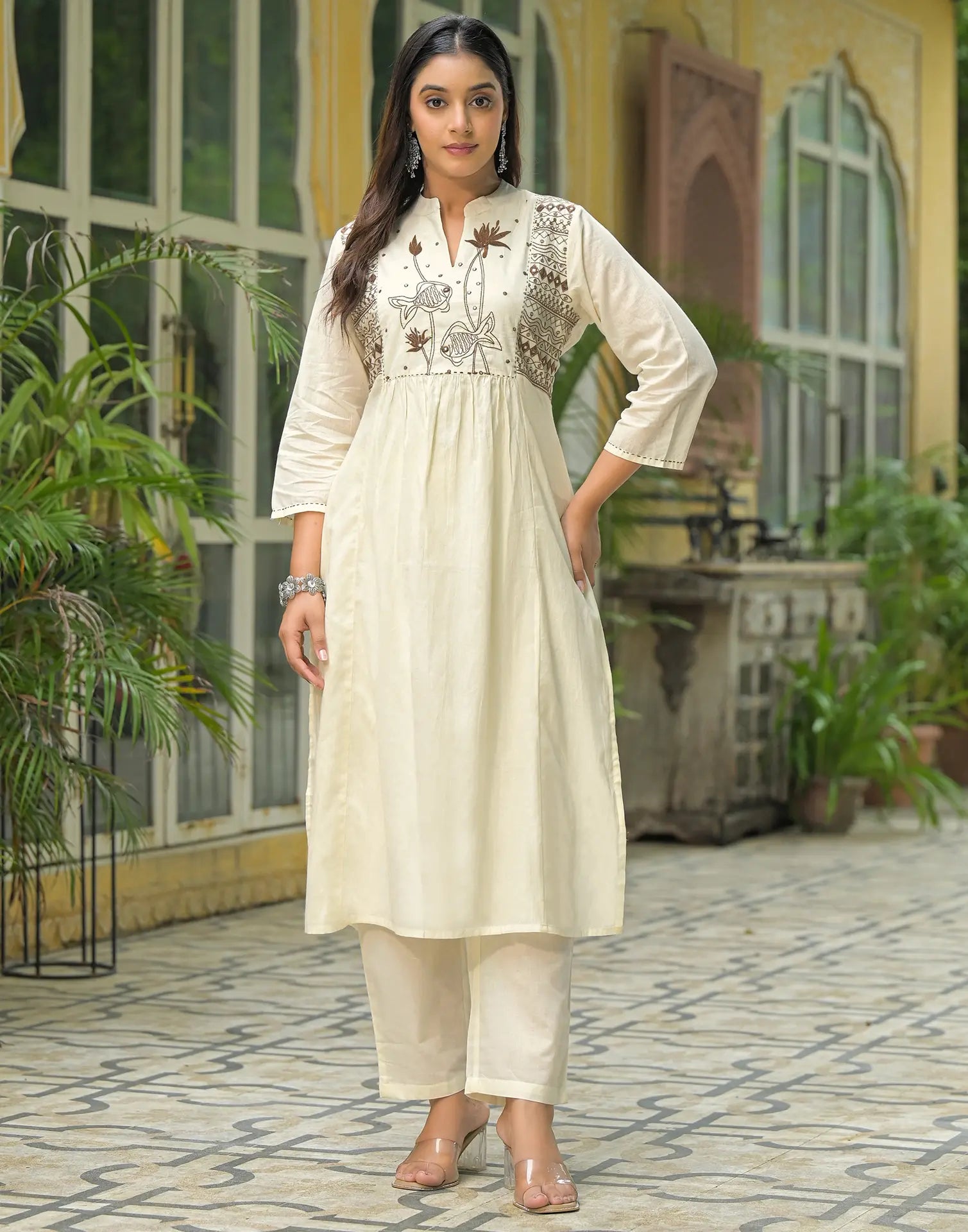 Cotton Embroidered A-Line 3 Piece Kurta Set