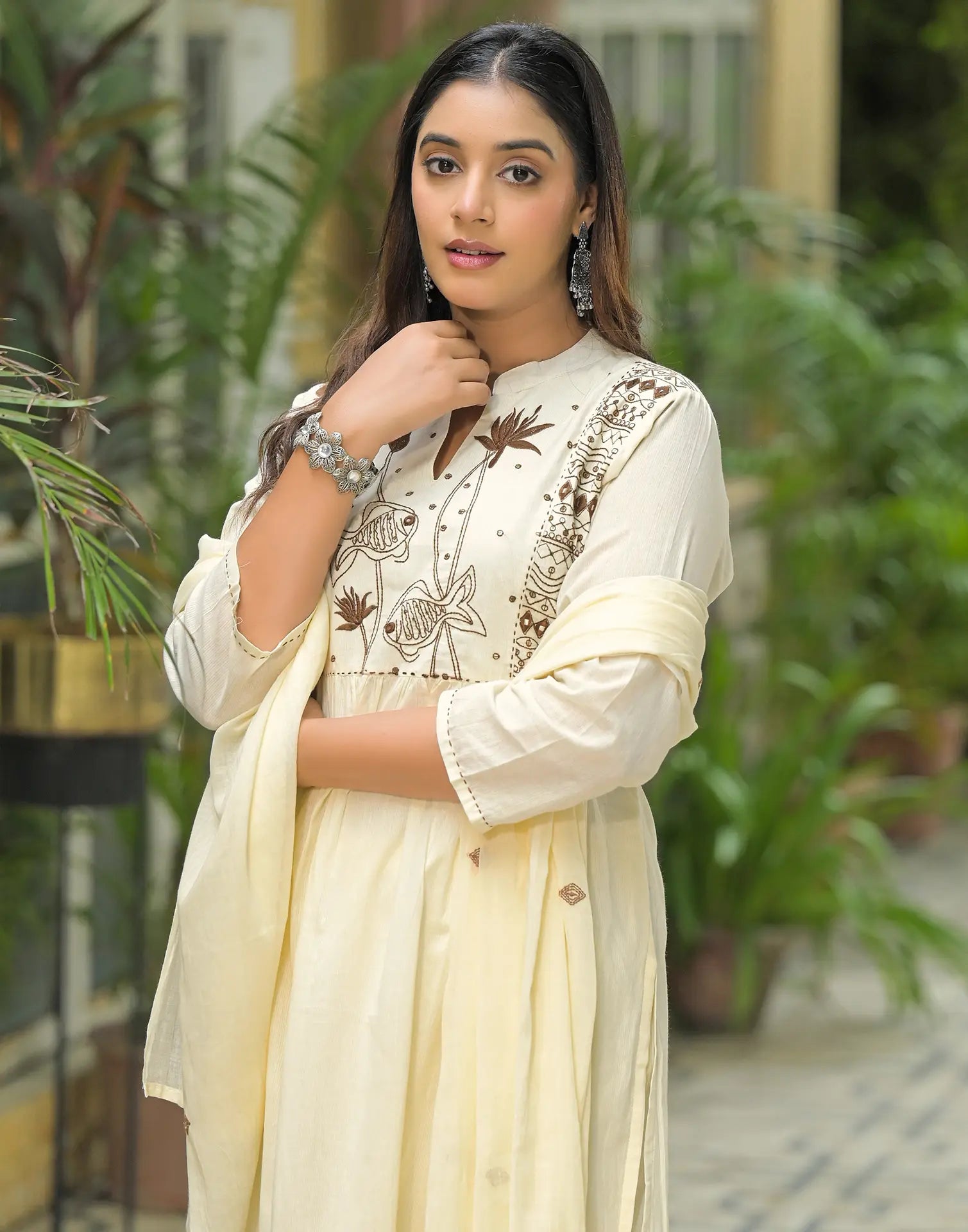 Cotton Embroidered A-Line 3 Piece Kurta Set