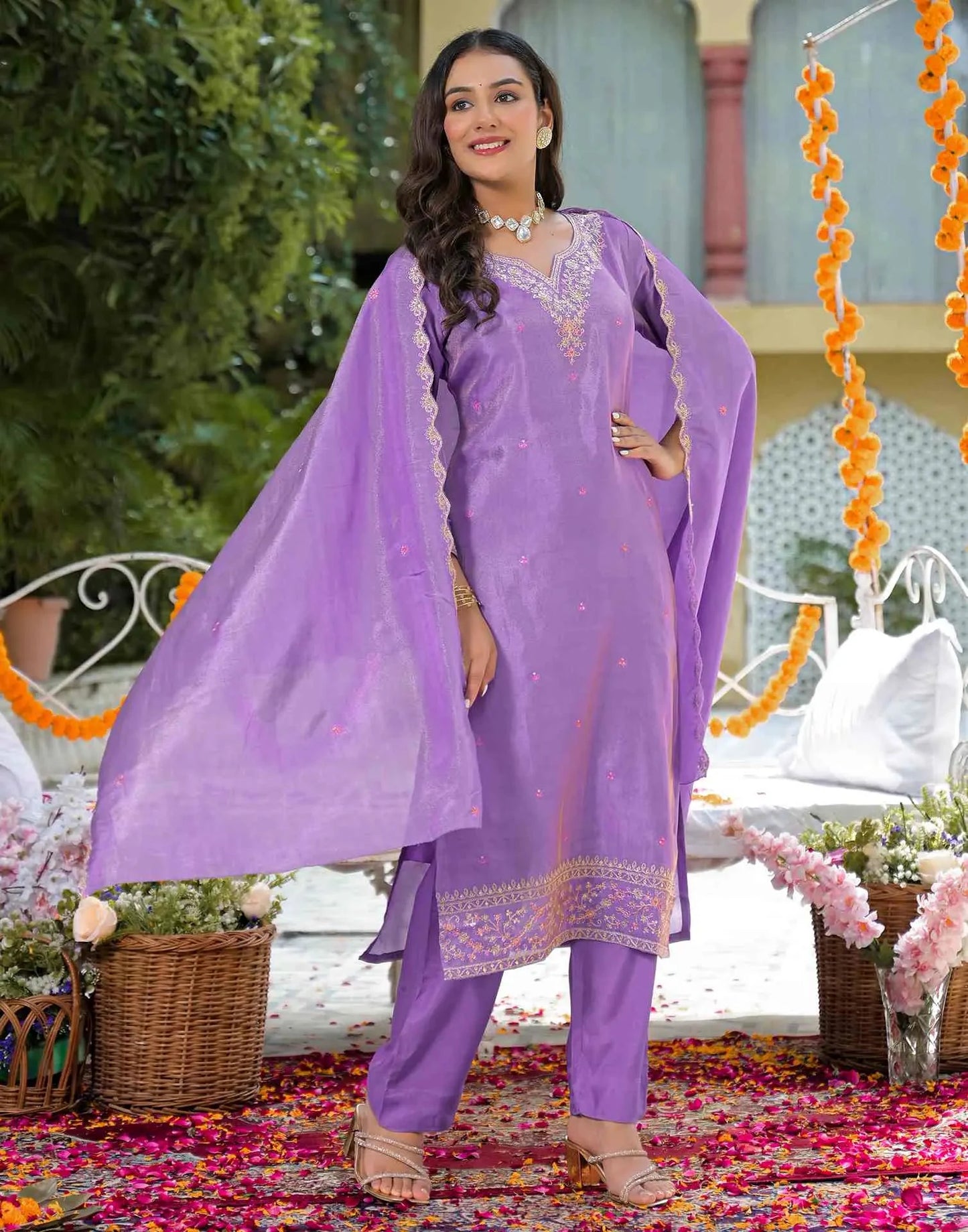 Tissue Silk Embroidered Straight U-Neck Kurta with Pant & Dupatta