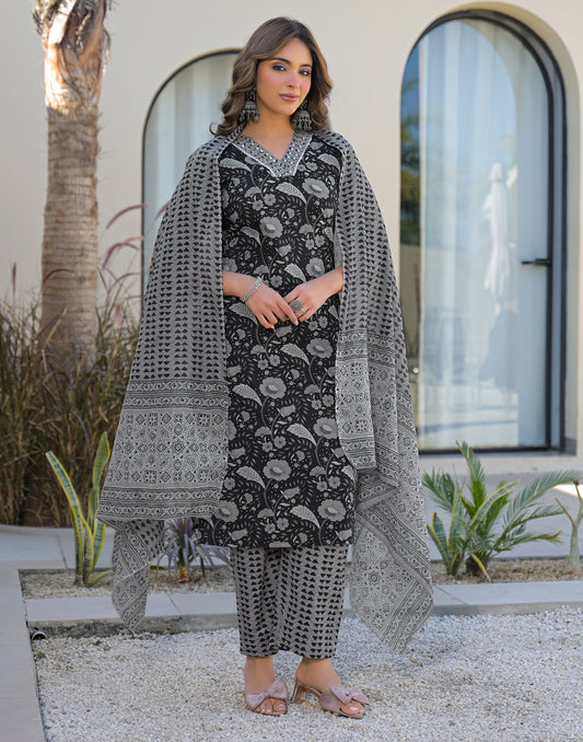 Cotton Embroidered Straight 3 Piece Kurta Set
