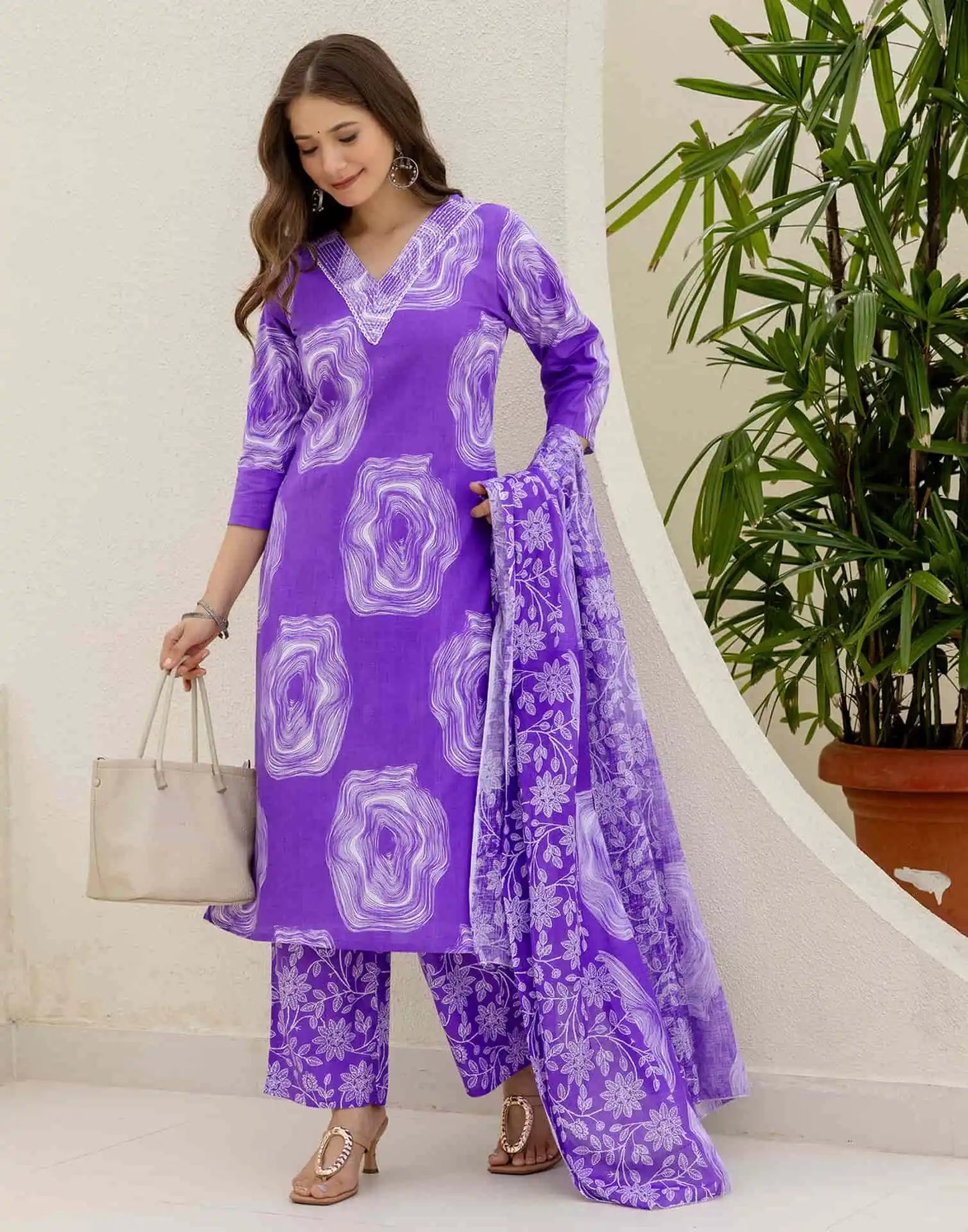 Cotton Straight Printed V-Neck Kurta with Pant & Dupatta