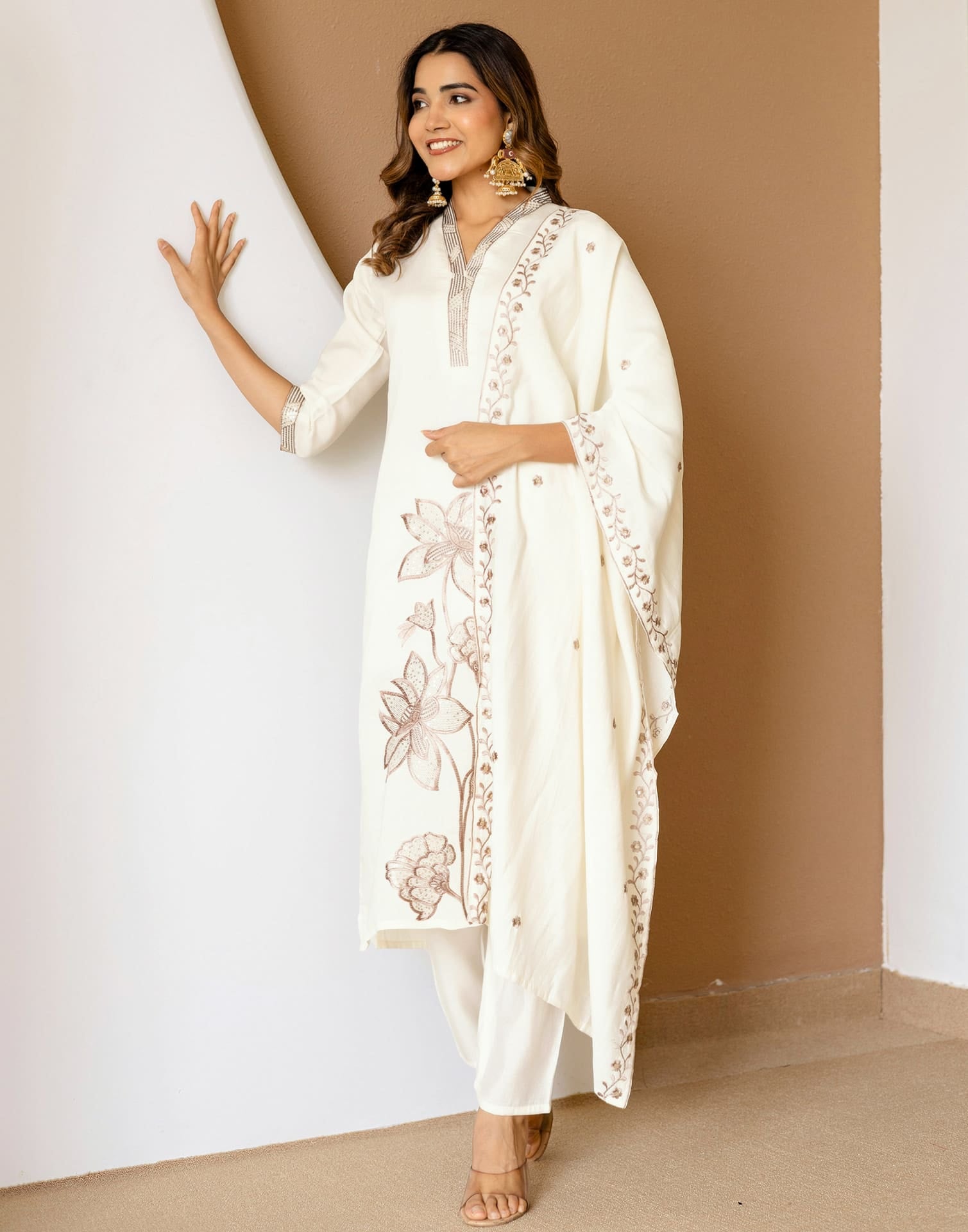White Silk Embroidered Straight Kurta Set with Pant & Dupatta for Women Casual & Daily Wear under 1299