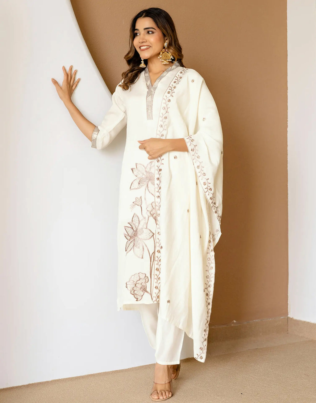Silk Blend Embroidered Straight 3 Piece Kurta Set