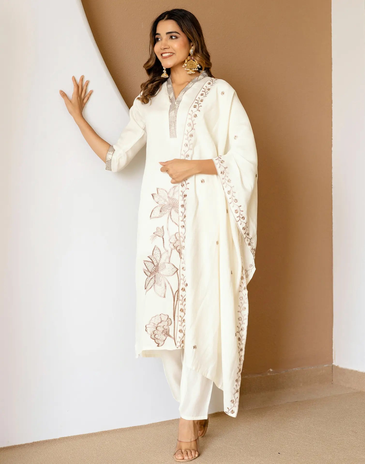 Silk Blend Embroidered Straight 3 Piece Kurta Set