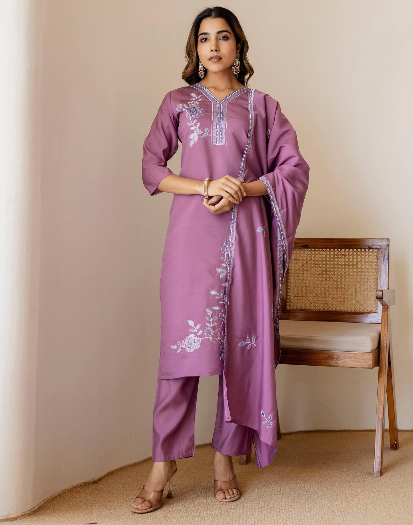 Purple Silk Embroidered Straight Kurta Set with Pant & Dupatta for Women Office & Casual Wear under 1299