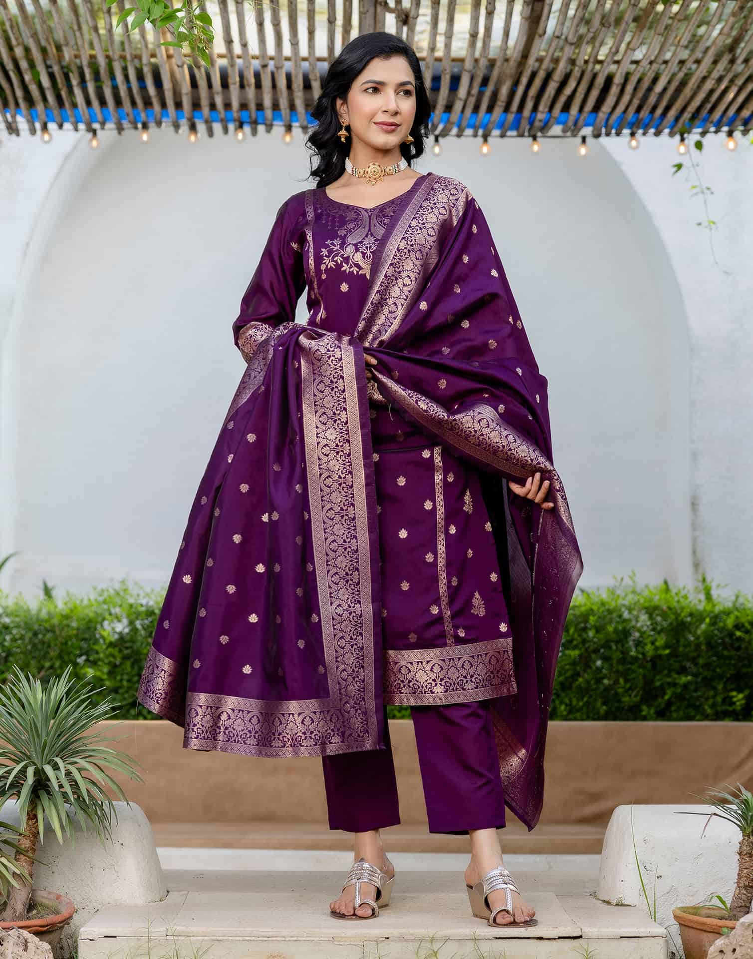 Purple Silk Woven Straight Kurta Set with Pant & Dupatta under 1000