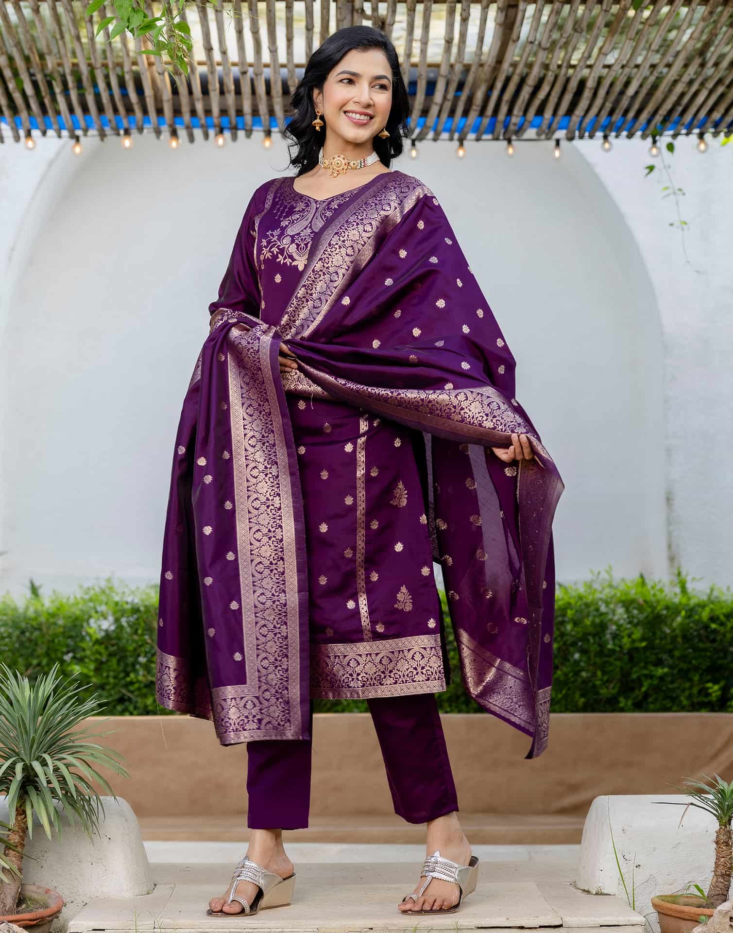 Purple Silk Woven Straight Kurta Set with Pant & Dupatta under 1000