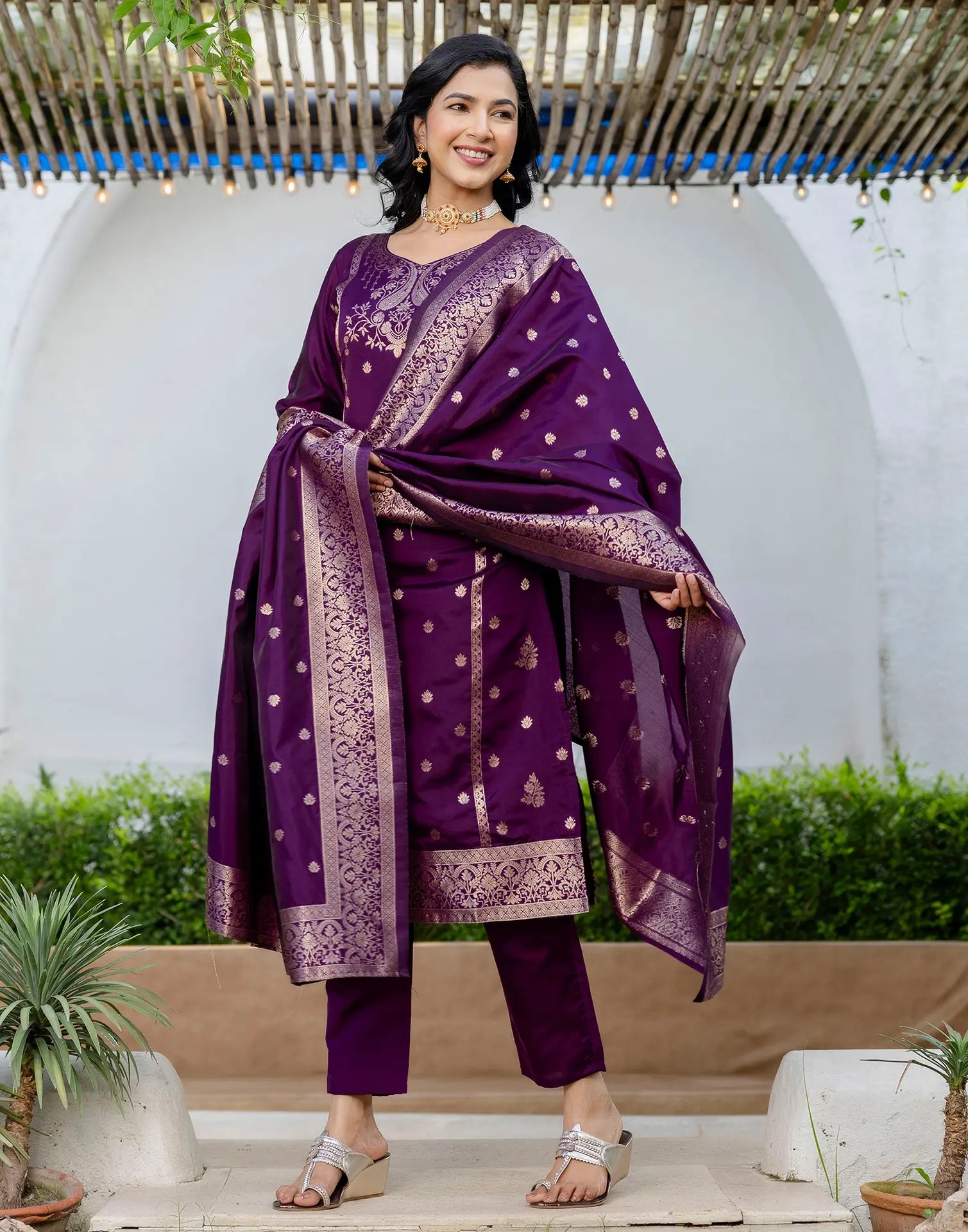 Silk Blend Woven Woven Straight 3 Piece Kurta Set