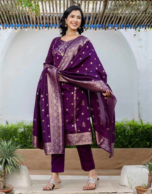Purple Silk Woven Straight Kurta Set with Pant & Dupatta under 1000