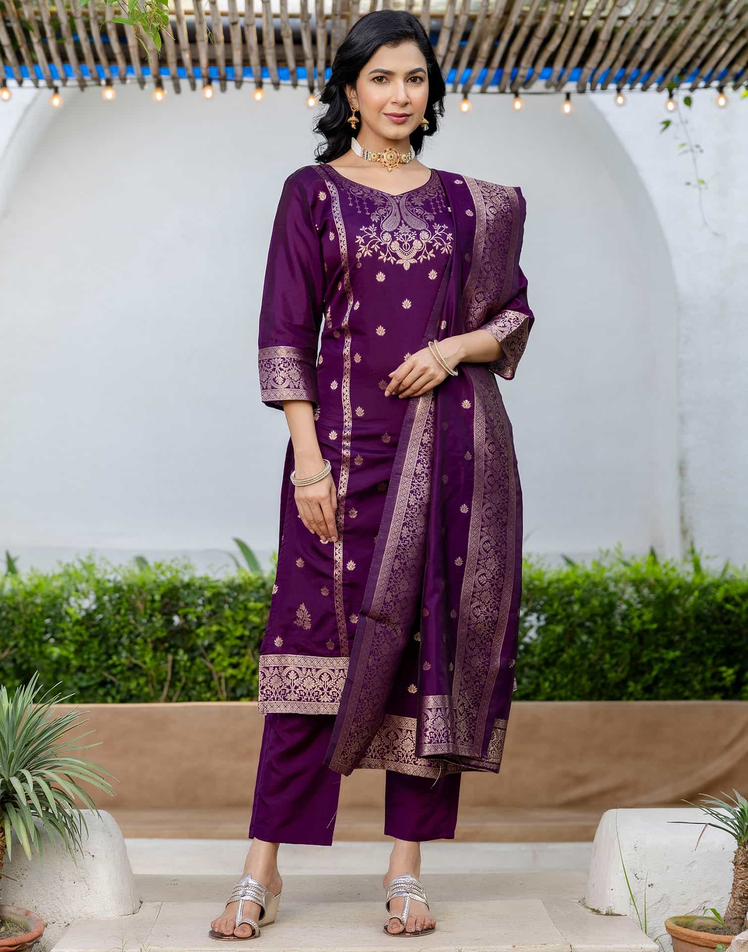Purple Silk Woven Straight Kurta Set with Pant & Dupatta under 1000