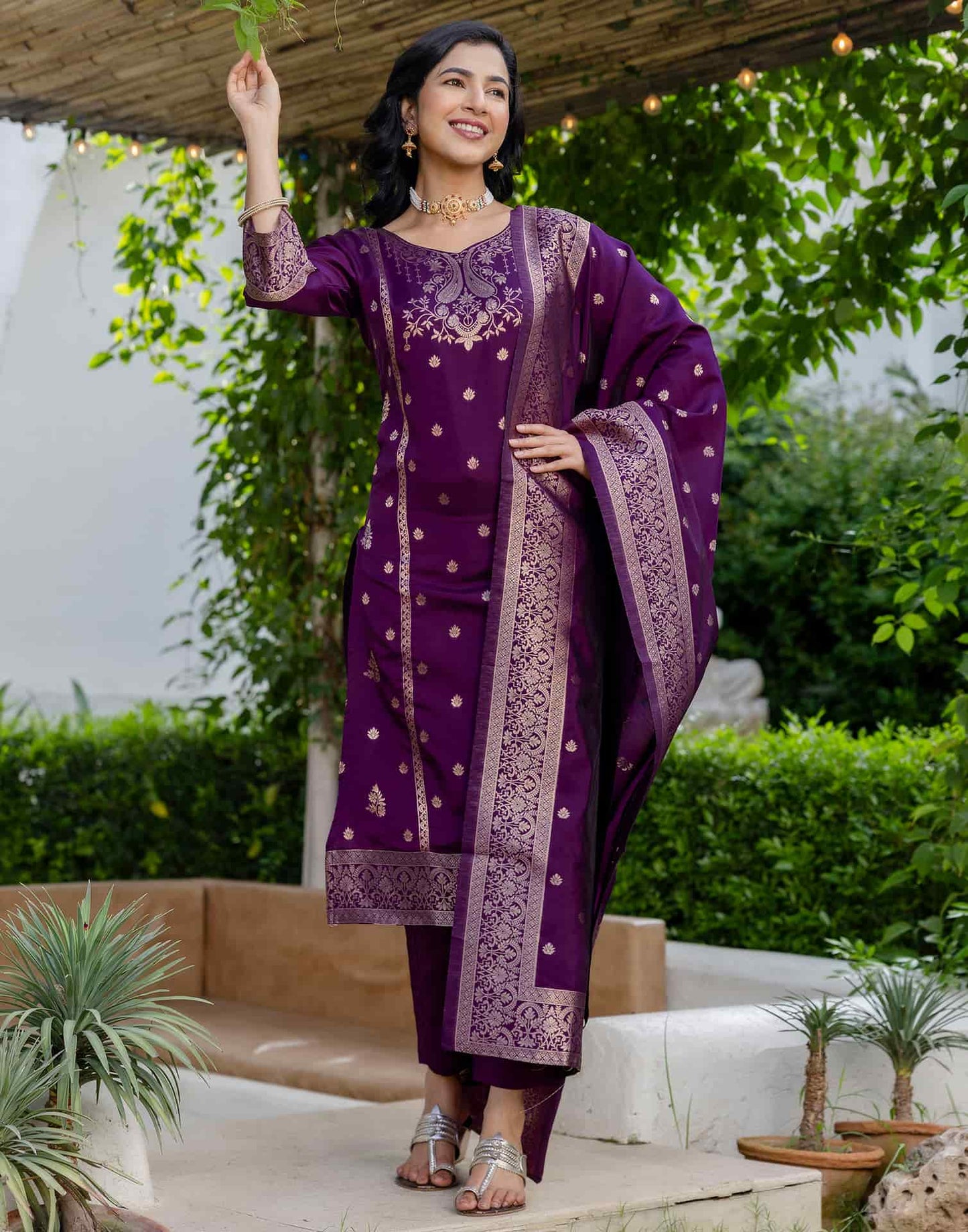 Purple Silk Woven Straight Kurta Set with Pant & Dupatta under 1000
