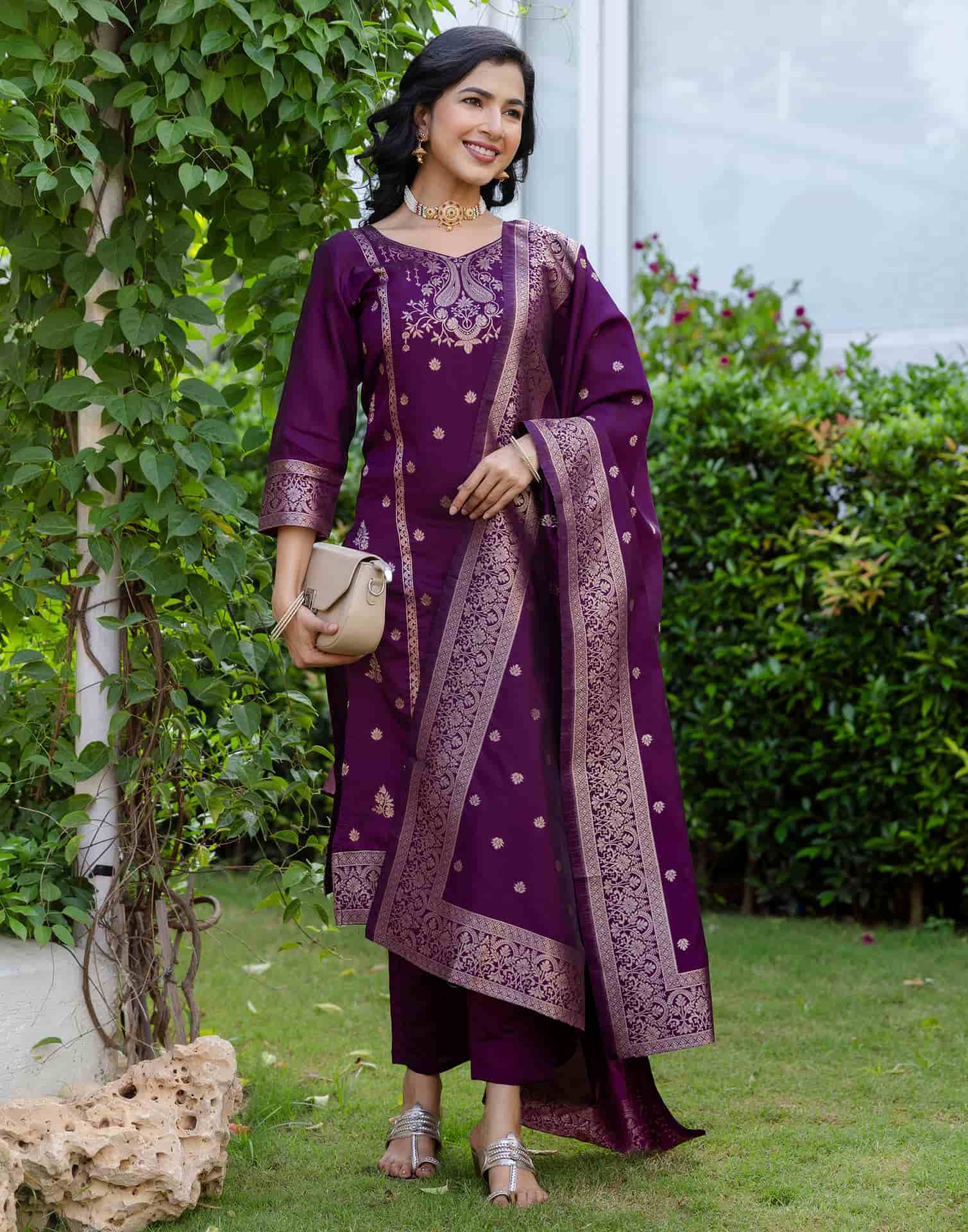 Purple Silk Woven Straight Kurta Set with Pant & Dupatta under 1000
