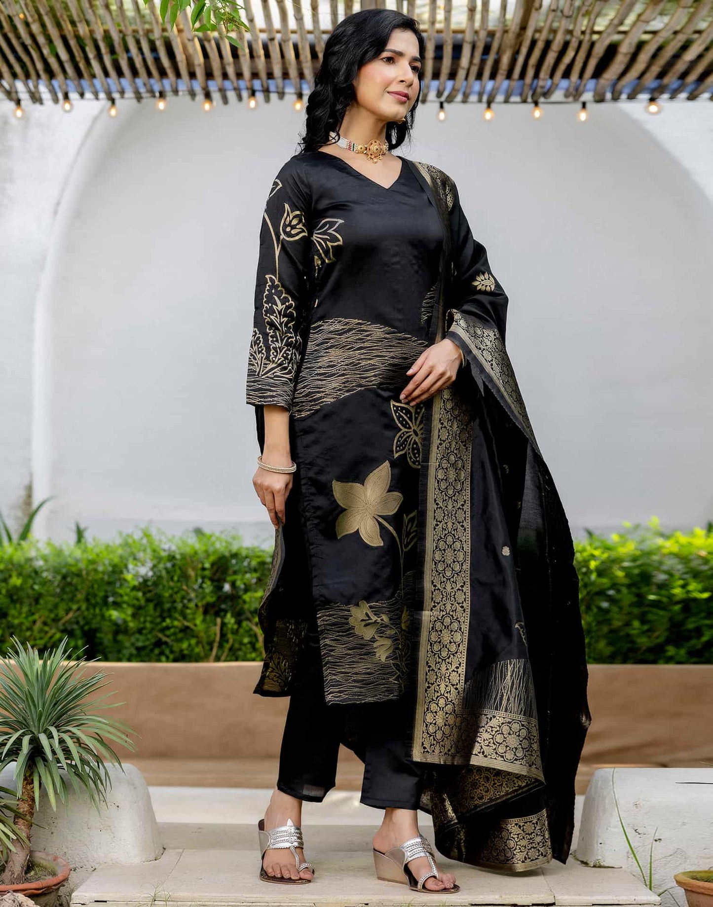 Black Silk Woven Straight Kurta Set with Pant & Dupatta under 999