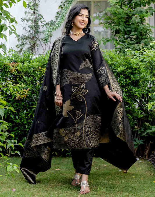 Black Silk Woven Straight Kurta Set with Pant & Dupatta under 999
