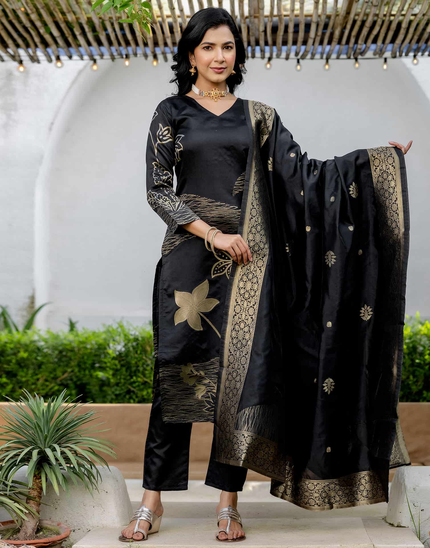 Black Silk Woven Straight Kurta Set with Pant & Dupatta under 999