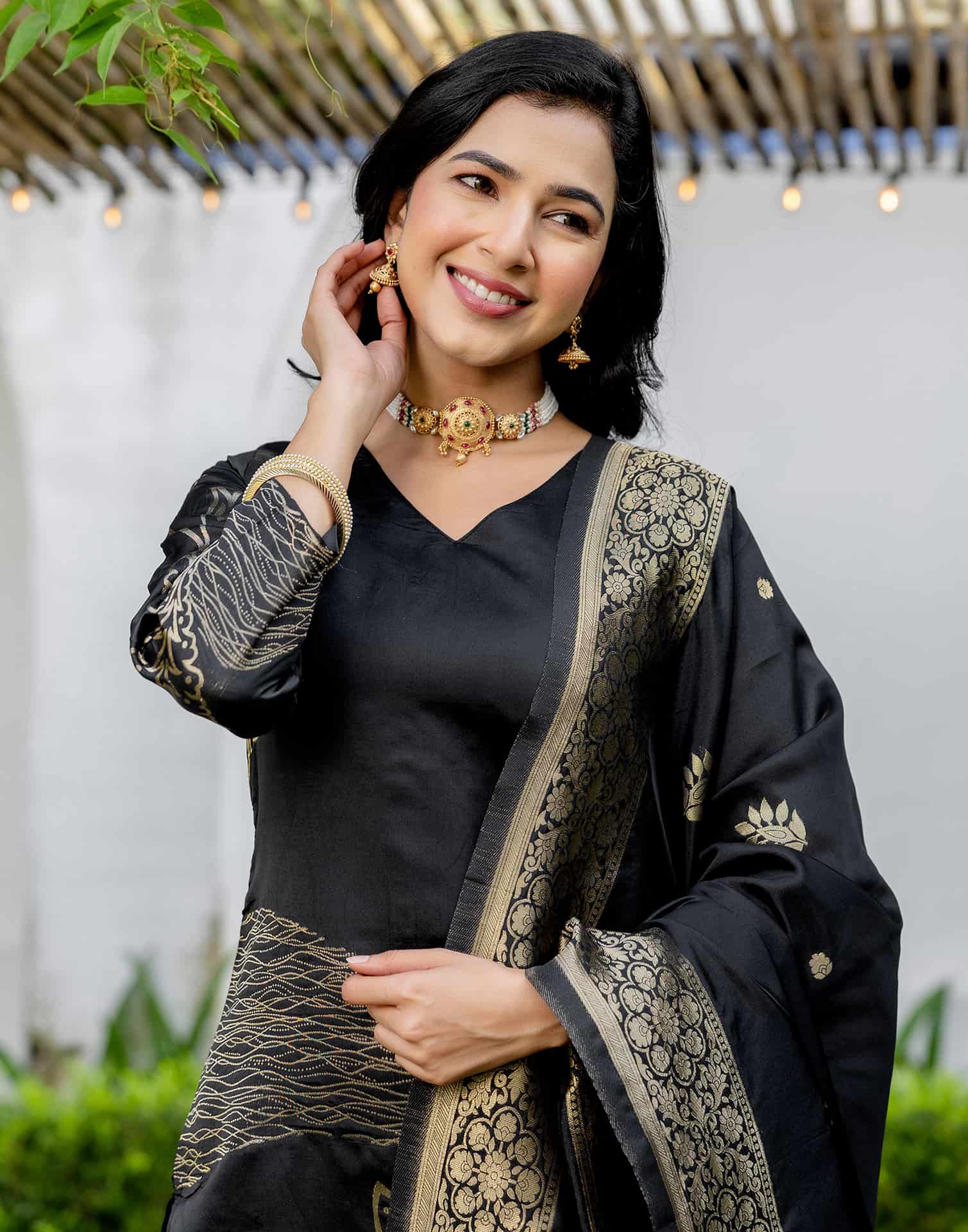 Black Silk Woven Straight Kurta Set with Pant & Dupatta under 999