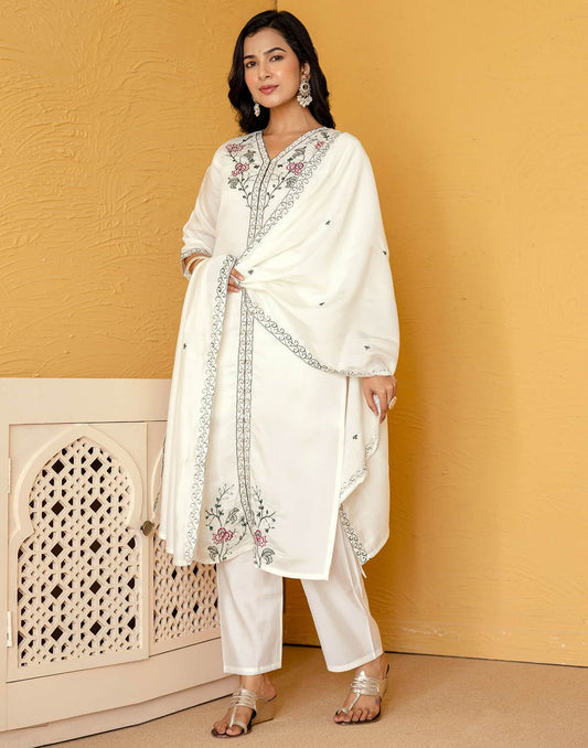 Silk Blend Embroidered Straight Kurta with Pant & Dupatta