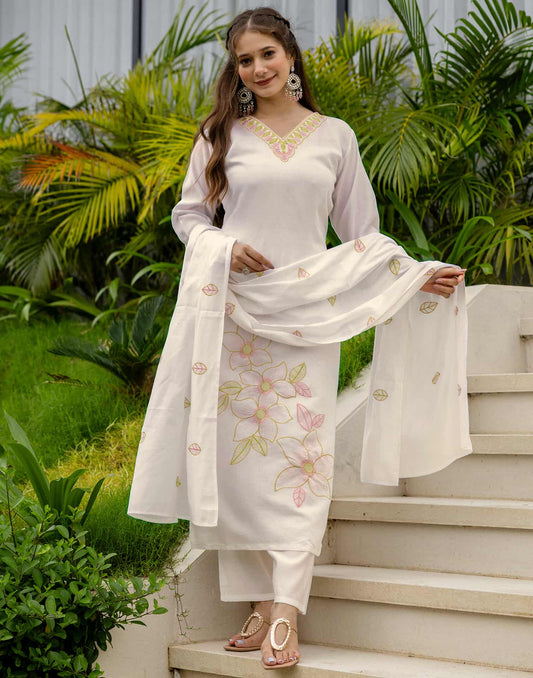 Silk Blend Embroidered Straight Kurta with Pant & Dupatta