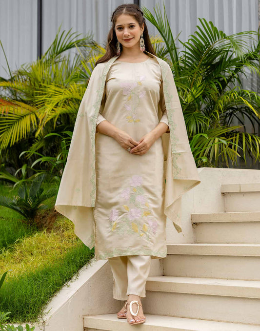 Silk Blend Embroidered Straight Kurta with Pant & Dupatta
