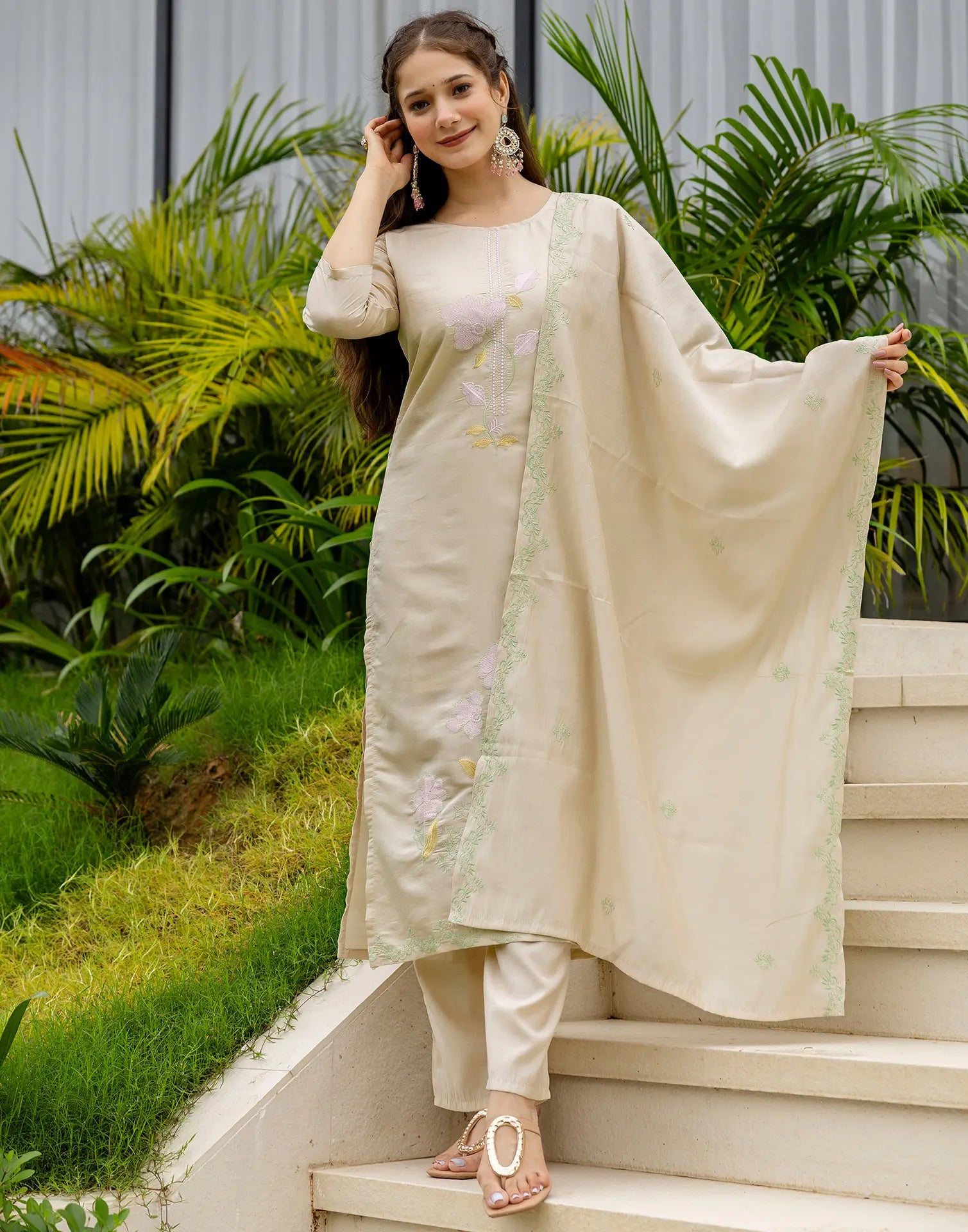 Silk Blend Embroidered Straight 3 Piece Kurta Set