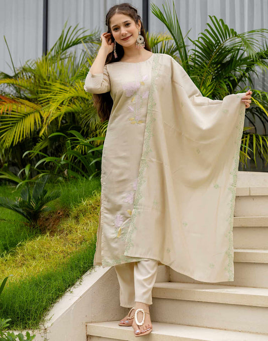 Silk Blend Embroidered Straight Kurta with Pant & Dupatta