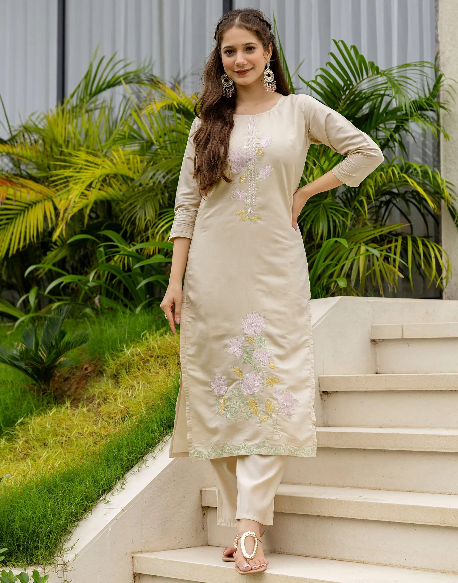 Silk Blend Embroidered Straight 3 Piece Kurta Set