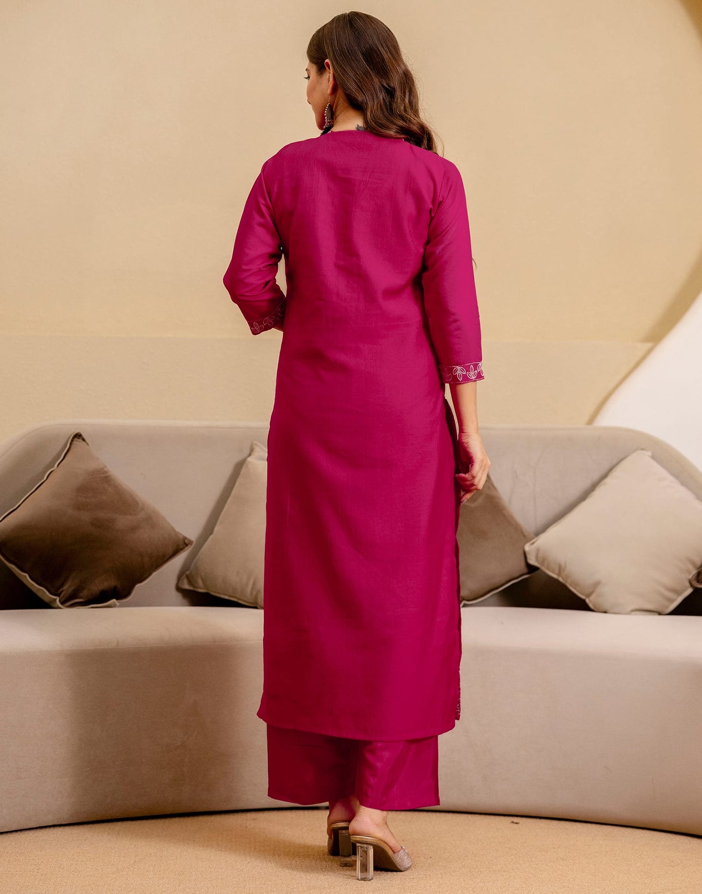 Silk Blend Embroidered Straight Kurta with Pant & Dupatta