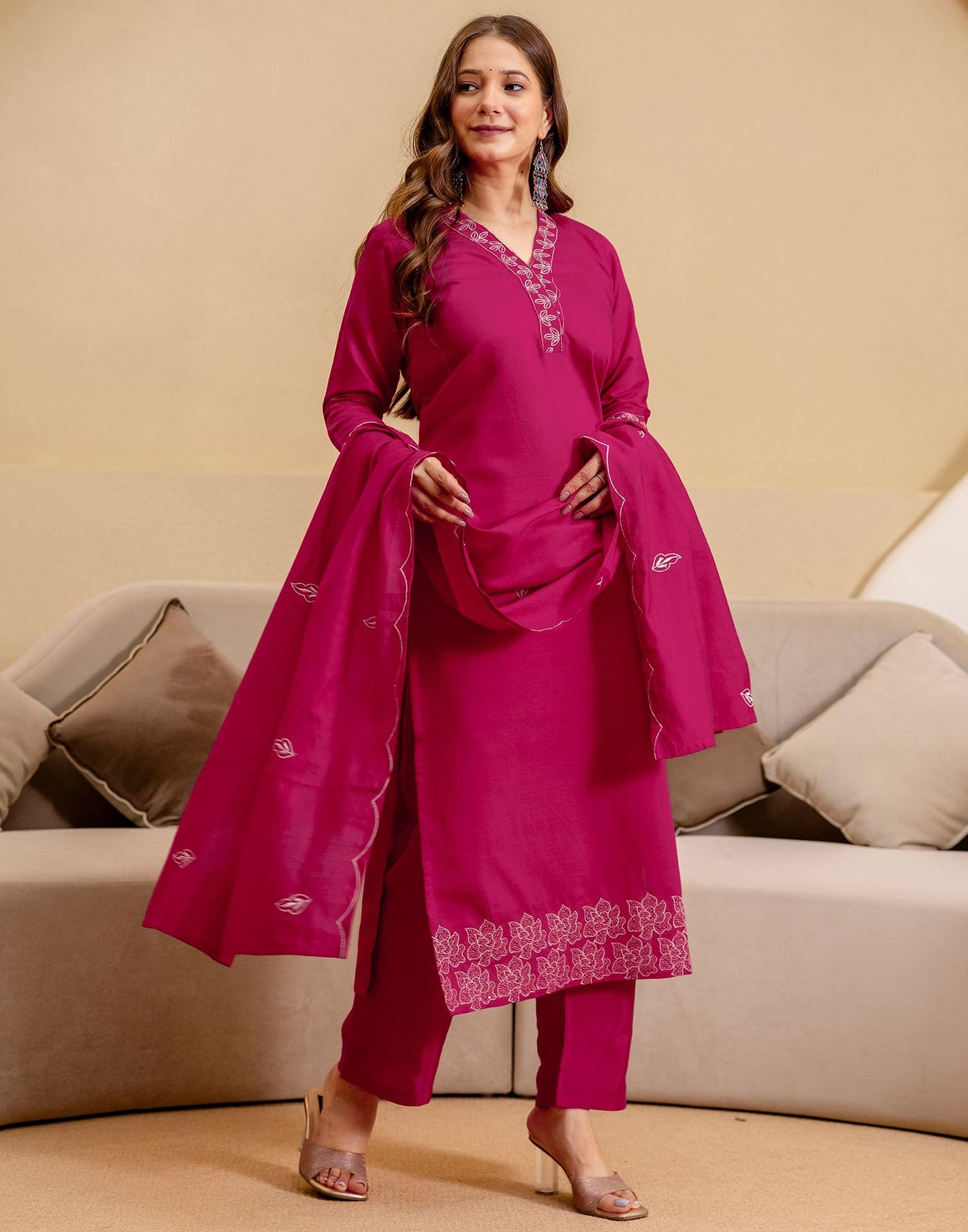 Silk Blend Embroidered Straight Kurta with Pant & Dupatta
