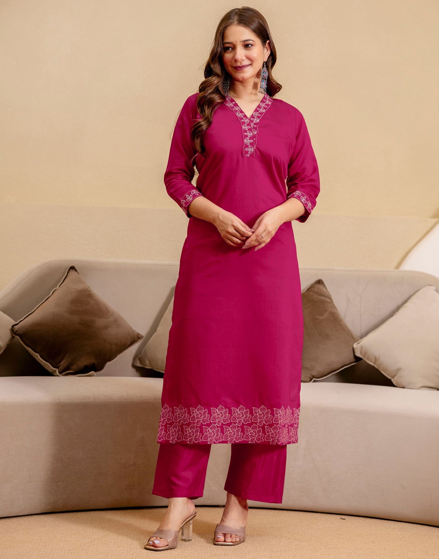 Silk Blend Embroidered Straight Kurta with Pant & Dupatta