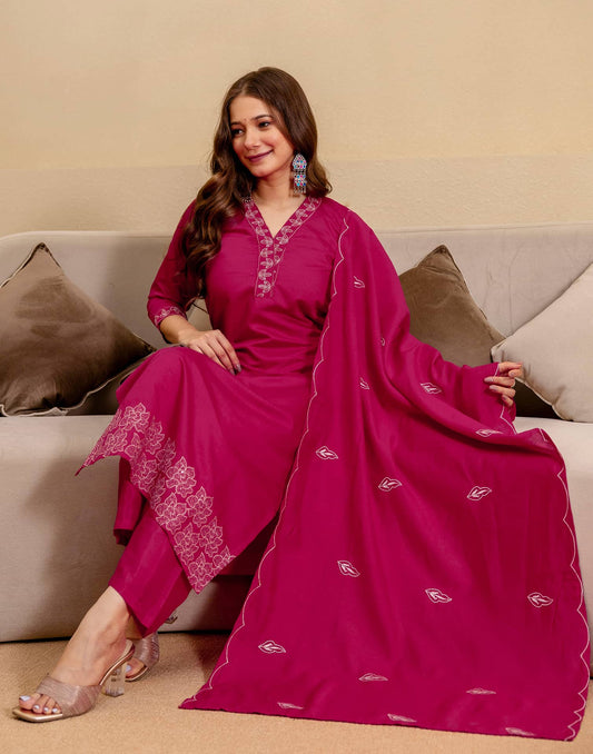Silk Blend Embroidered Straight Kurta with Pant & Dupatta