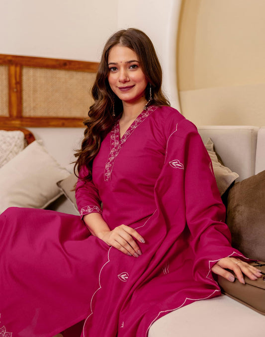 Silk Blend Embroidered Straight Kurta with Pant & Dupatta
