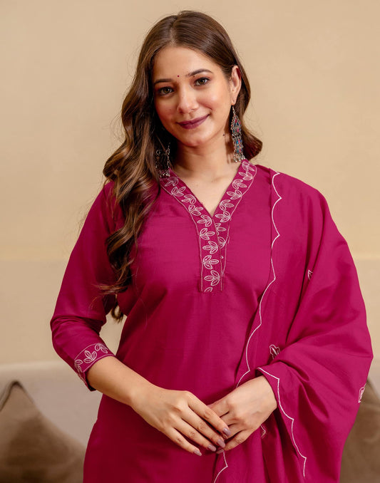 Silk Blend Embroidered Straight Kurta with Pant & Dupatta