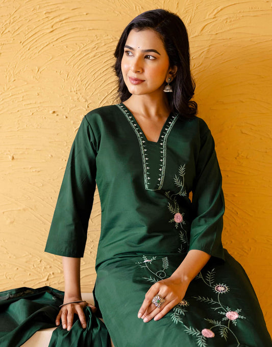 Silk Blend Embroidered Straight Kurta with Pant & Dupatta