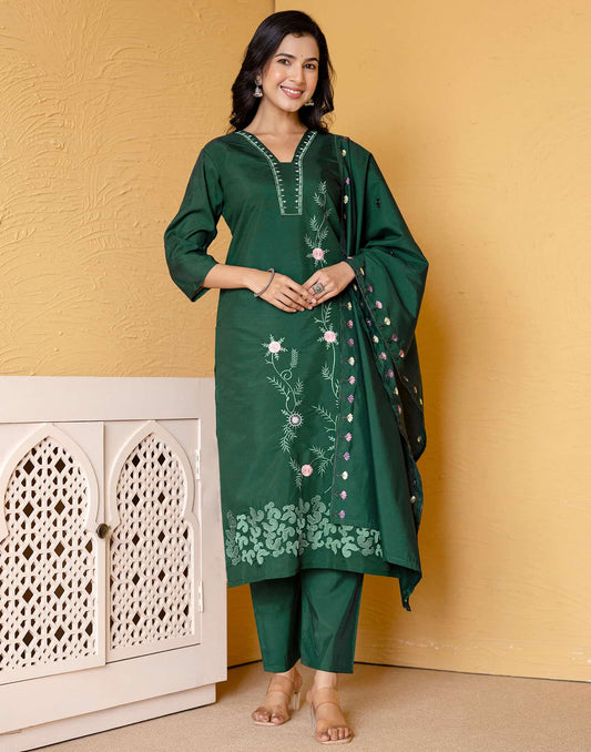 Silk Blend Embroidered Straight Kurta with Pant & Dupatta