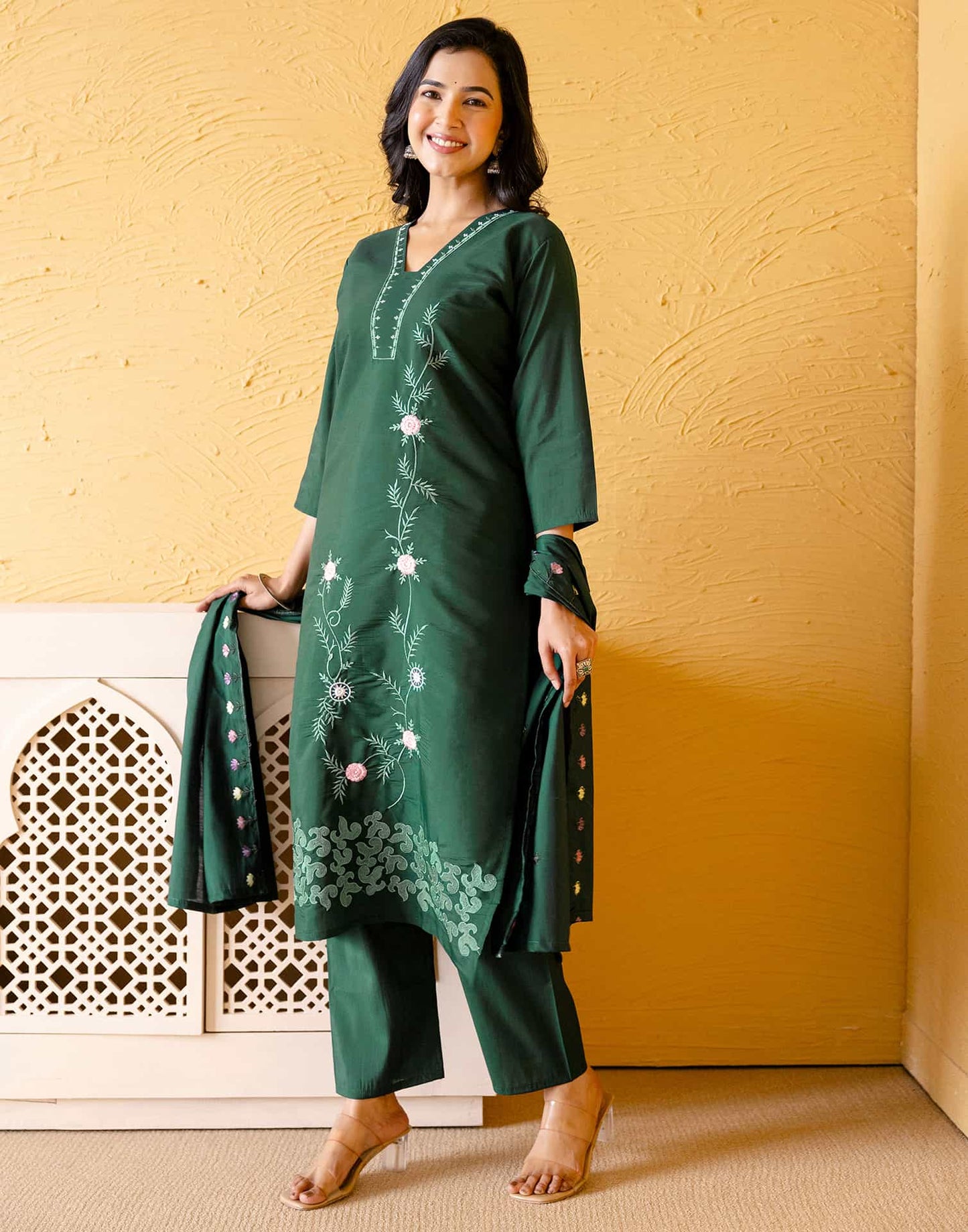 Silk Blend Embroidered Straight Kurta with Pant & Dupatta