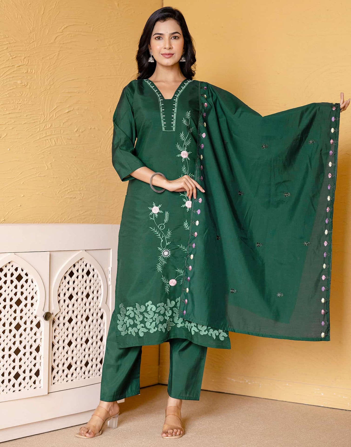 Silk Blend Embroidered Straight Kurta with Pant & Dupatta