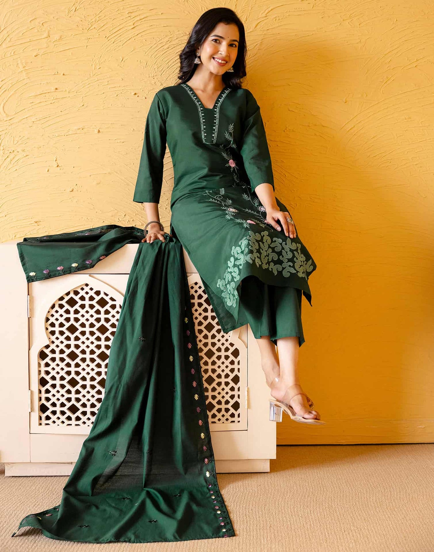 Silk Blend Embroidered Straight Kurta with Pant & Dupatta
