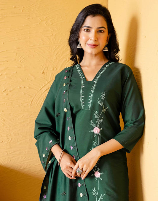 Silk Blend Embroidered Straight Kurta with Pant & Dupatta