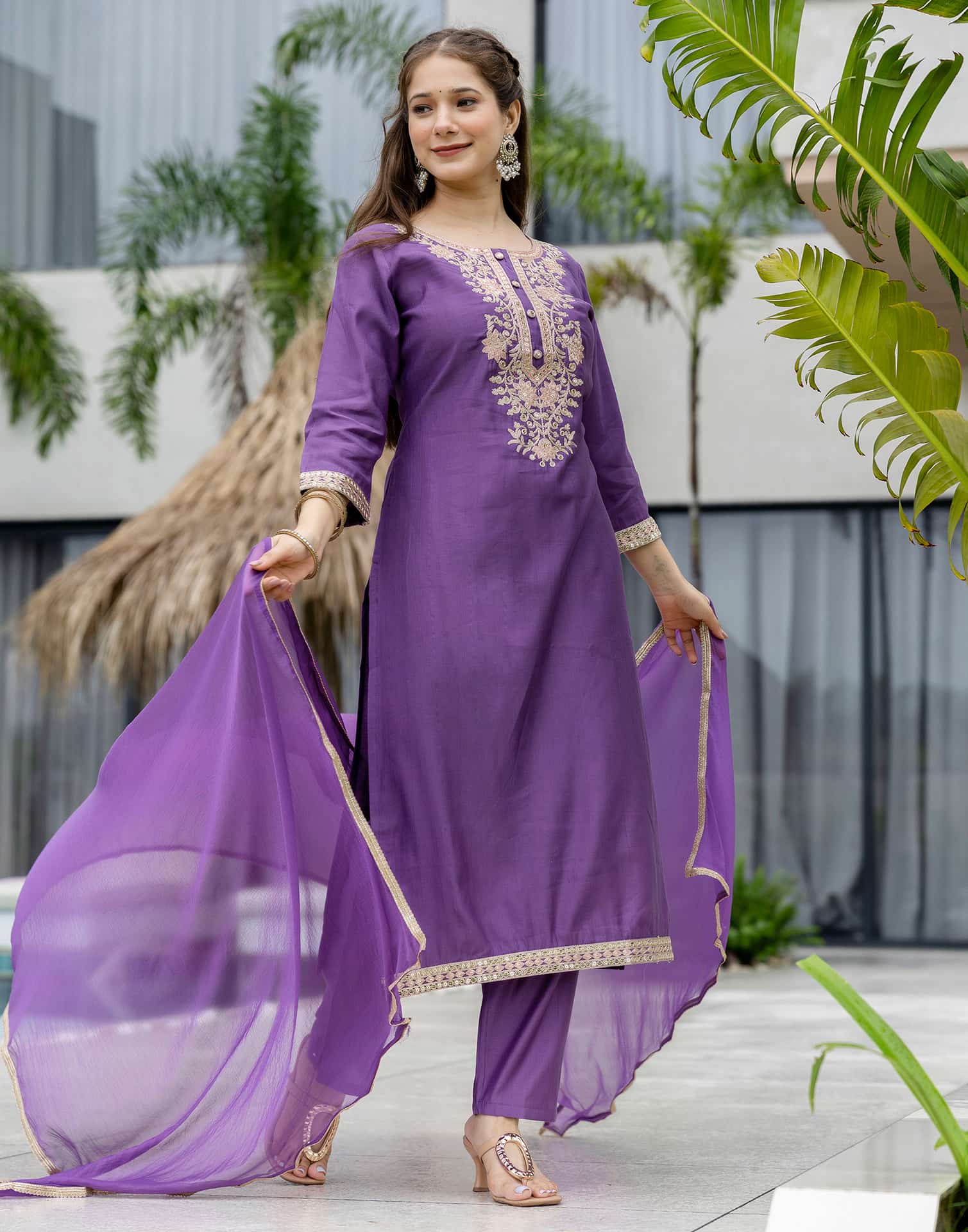 Purple Silk Embroidered Straight Kurta Set with Pant & Dupatta under 1299