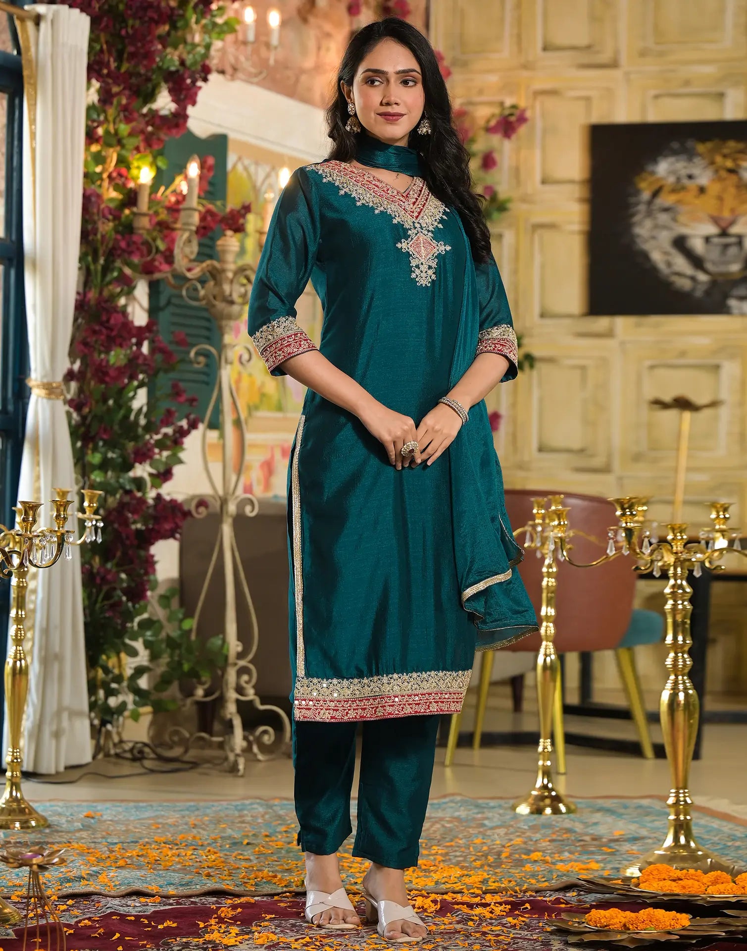 Silk Blend Embroidered Straight 3 Piece Kurta Set