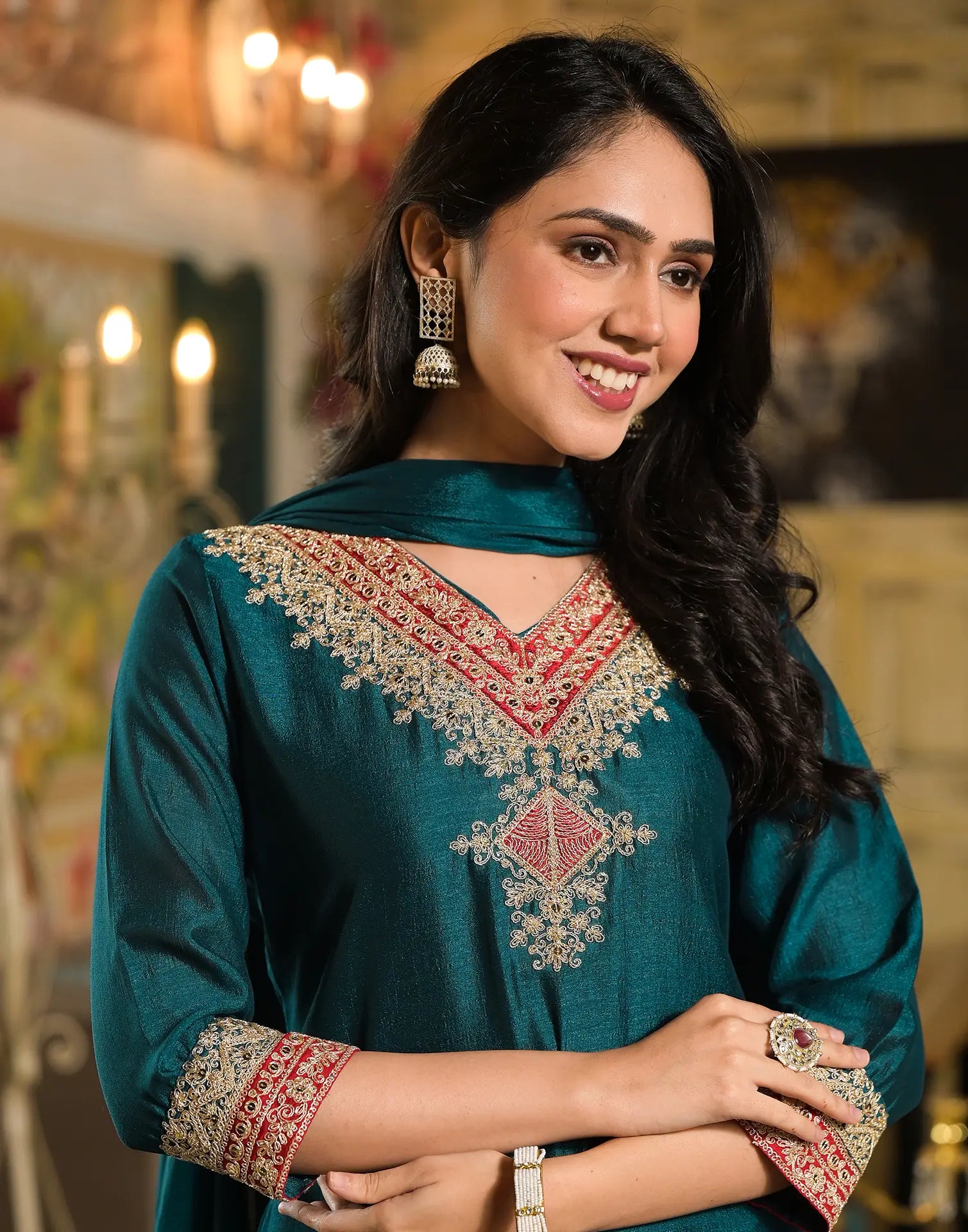 Silk Blend Embroidered Straight 3 Piece Kurta Set