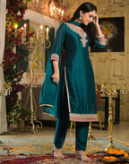 Silk Blend Embroidered Straight 3 Piece Kurta Set