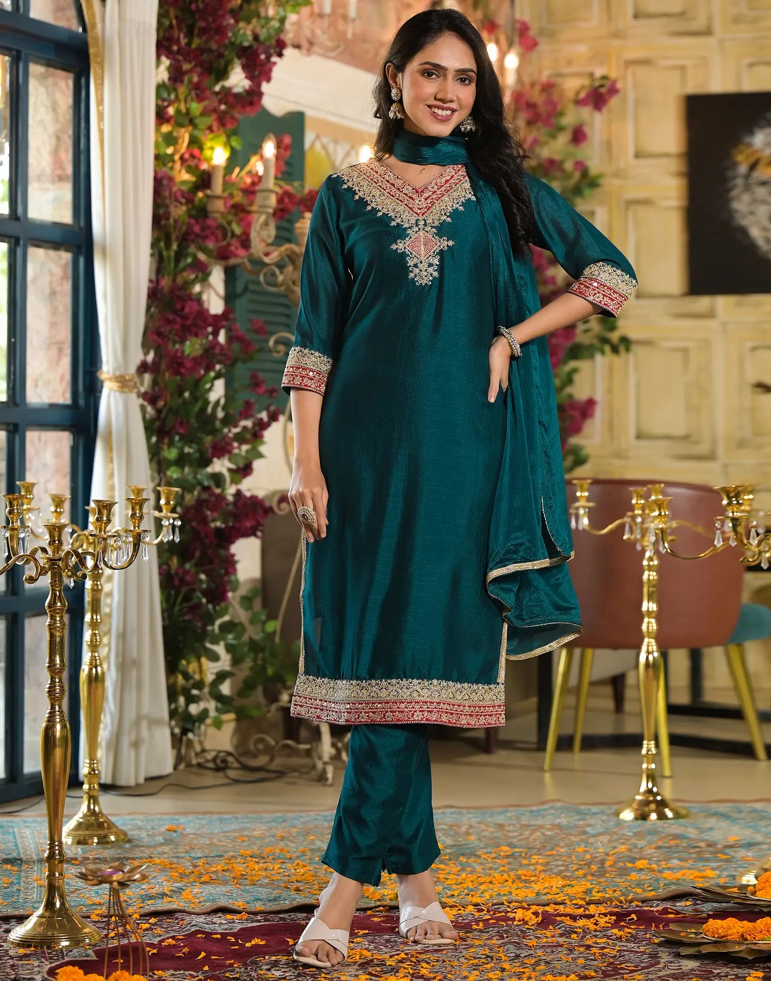 Silk Blend Embroidered Straight 3 Piece Kurta Set