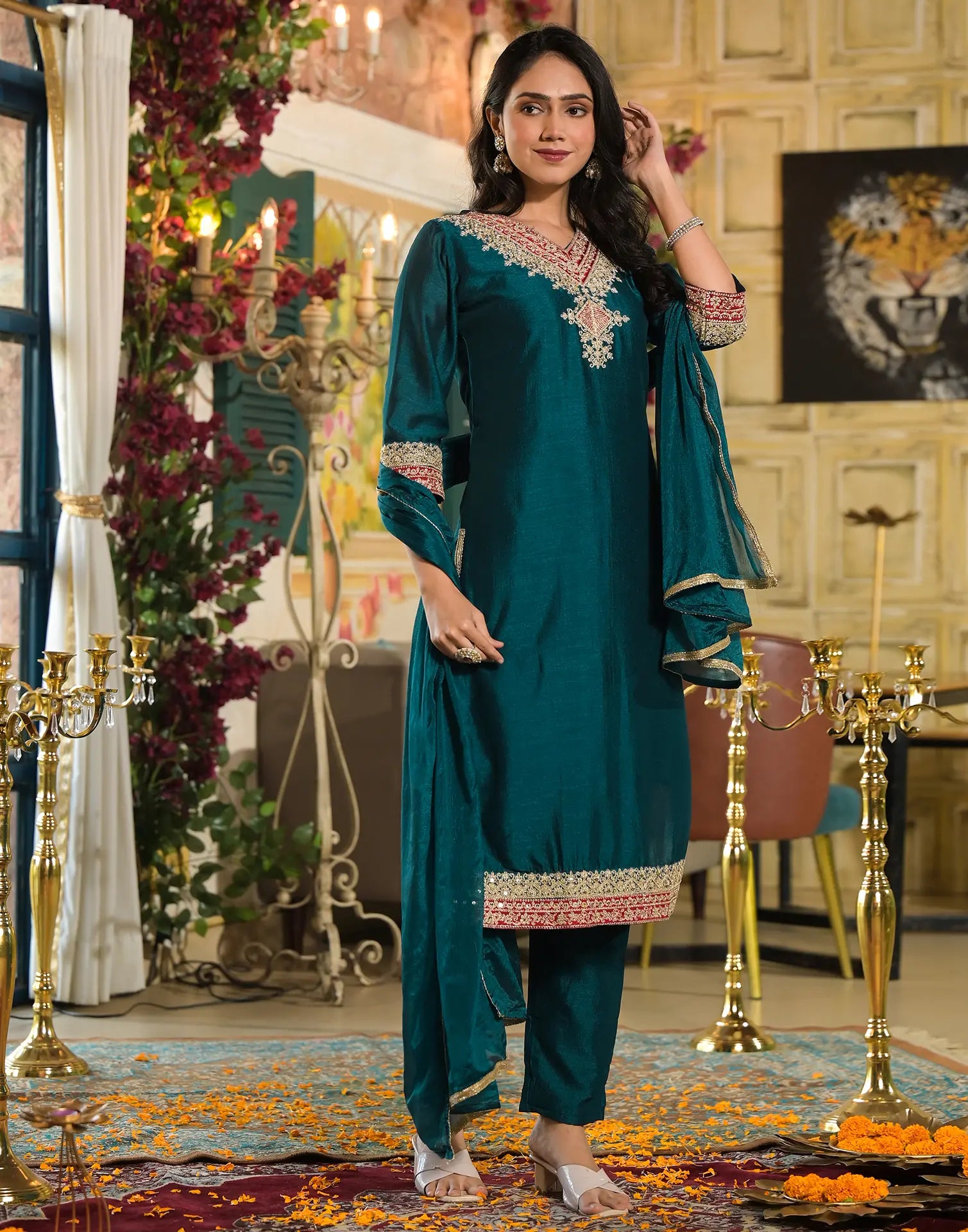 Silk Blend Embroidered Straight 3 Piece Kurta Set
