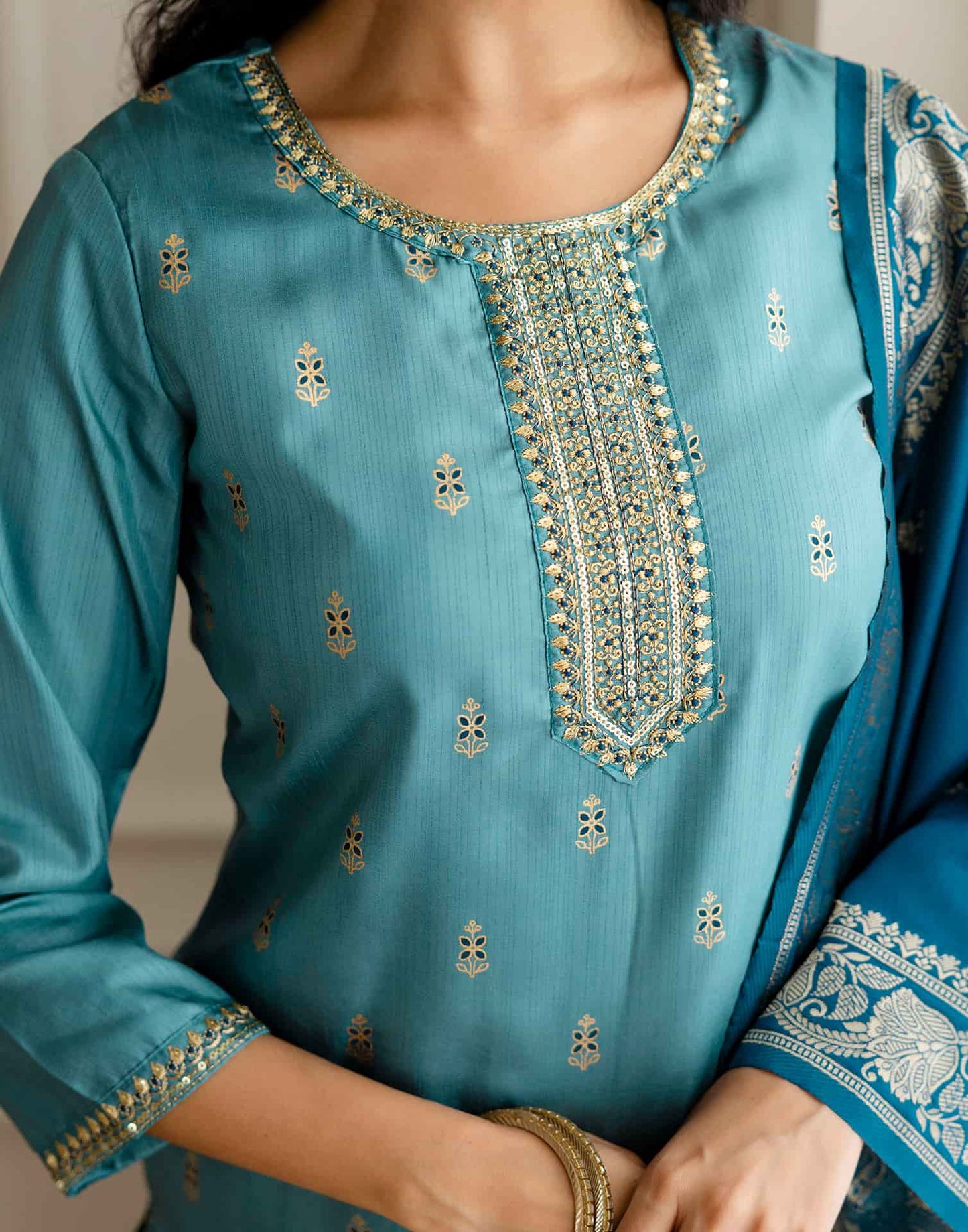 Blue Silk Embroidered Straight Kurta Set with Pant & Dupatt under 1299